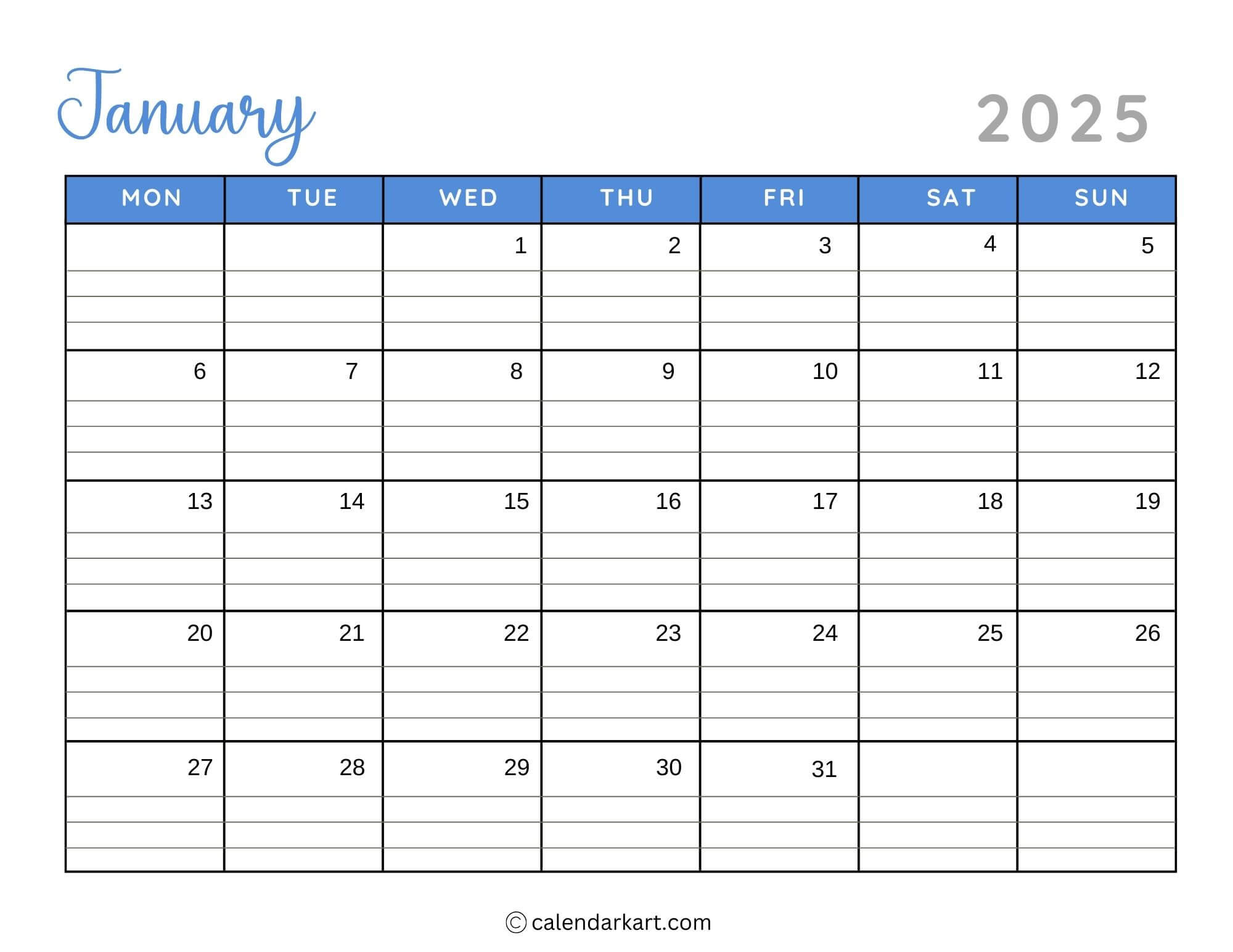 40+ Printable January 2025 Calendars | Free Pdf - Calendarkart pertaining to January 2025 Calendar Printable Monday Start