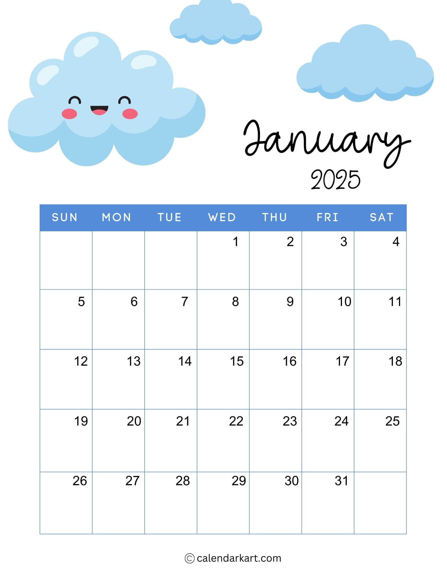 40+ Printable January 2025 Calendars | Free Pdf - Calendarkart within Cute Printable January 2025 Calendar