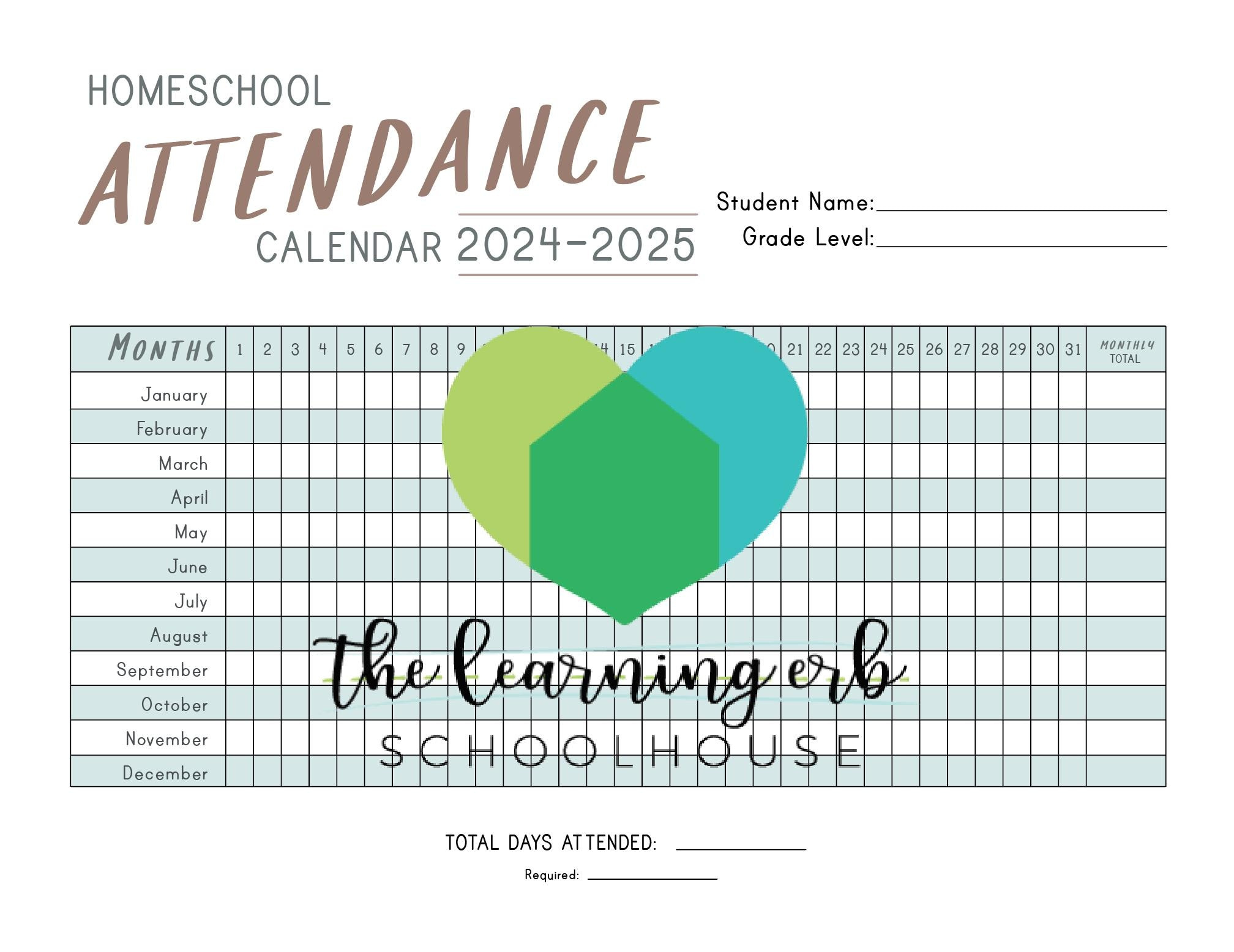 Attendance Sheet: 2024-2025 Attendance Calendar For Homeschool for Printable Attendance Calendar 2025