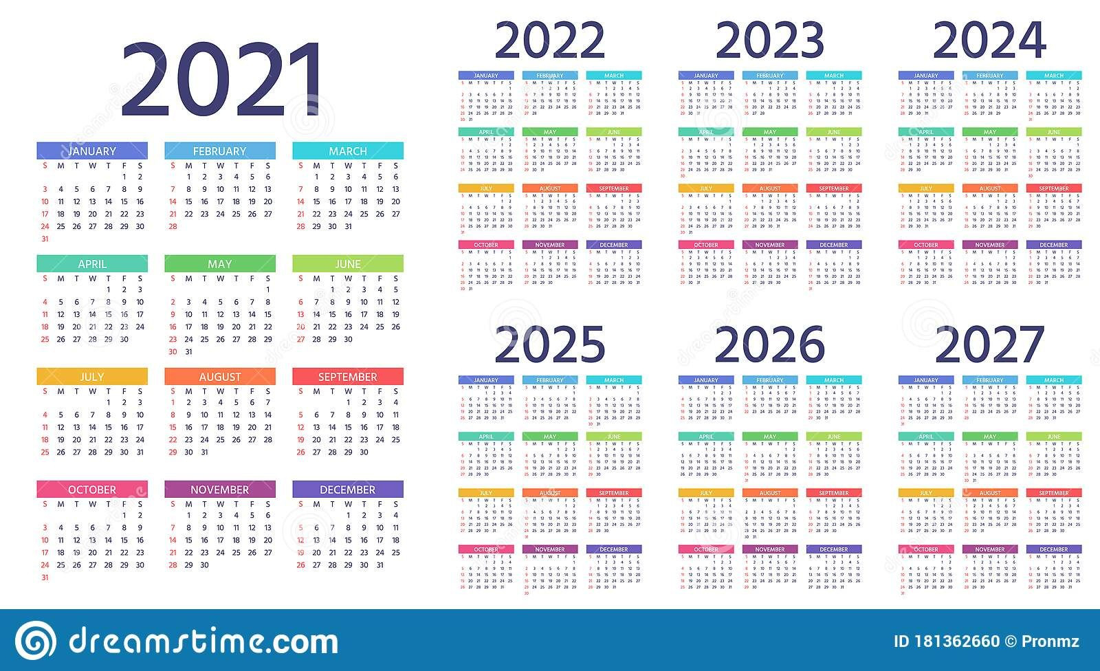 Calendar 2021 2022 2023 2024 2025 2026 2027 Years. Vector for 3 Year Calendar 2022 To 2025 Printable