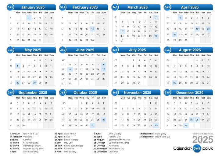 2025 Calendar With Bank Holidays Printable