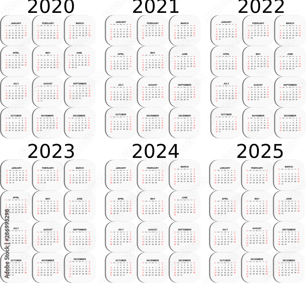 Calendar For Six Years - 2020, 2021, 2022, 2023, 2024 And 2025 inside 5 Year Calendar 2021 To 2025 Printable