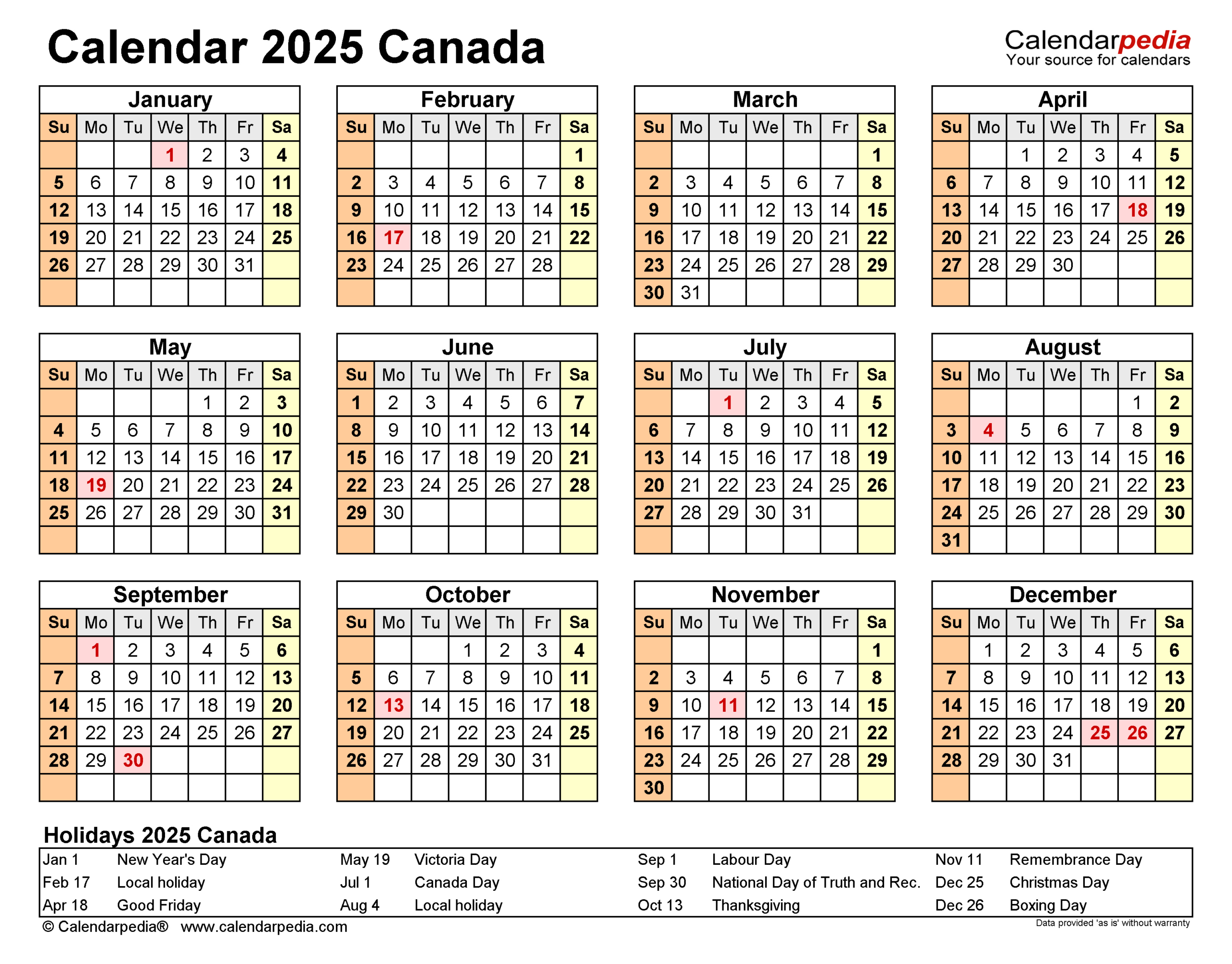 Canada Calendar 2025 - Free Printable Pdf Templates for 2025 Calendar Canada With Holidays Printable Free