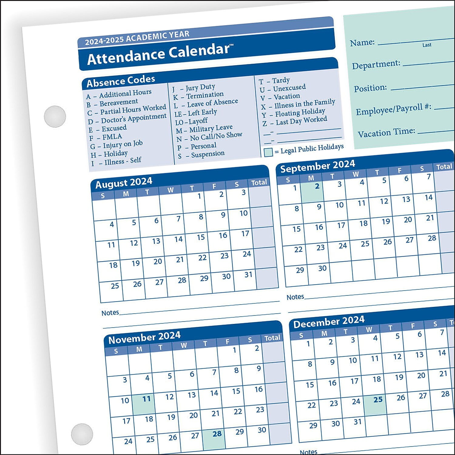 Complyright™ 2023-2024 Academic Attendance Calendar, 8 1/2&amp;quot; X 11 inside 2025 Attendance Calendar Printable