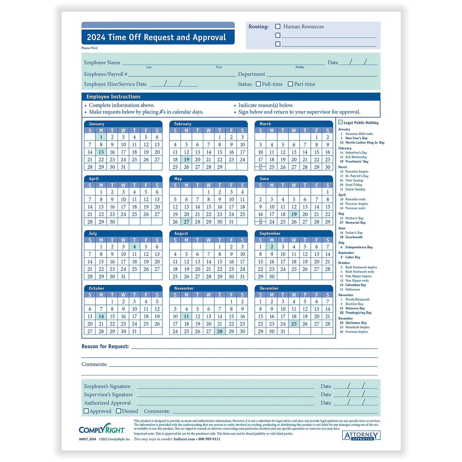 Complyright 2025 Time Off Request And Approval Calendar (Pack for Complyright Attendance Calendar 2025