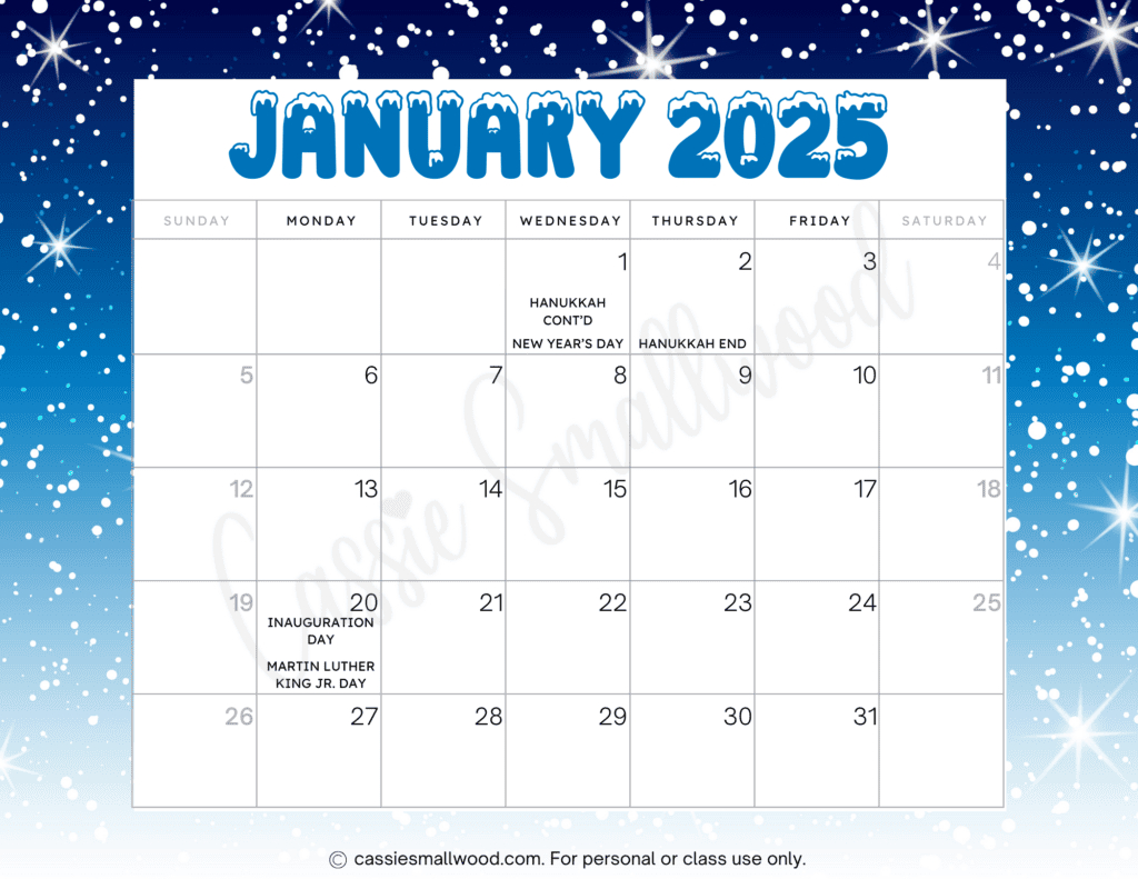 Cute 2025 Free Printable Monthly Calendars - Cassie Smallwood throughout 2025 Monthly Calendar With Holidays Printable Free