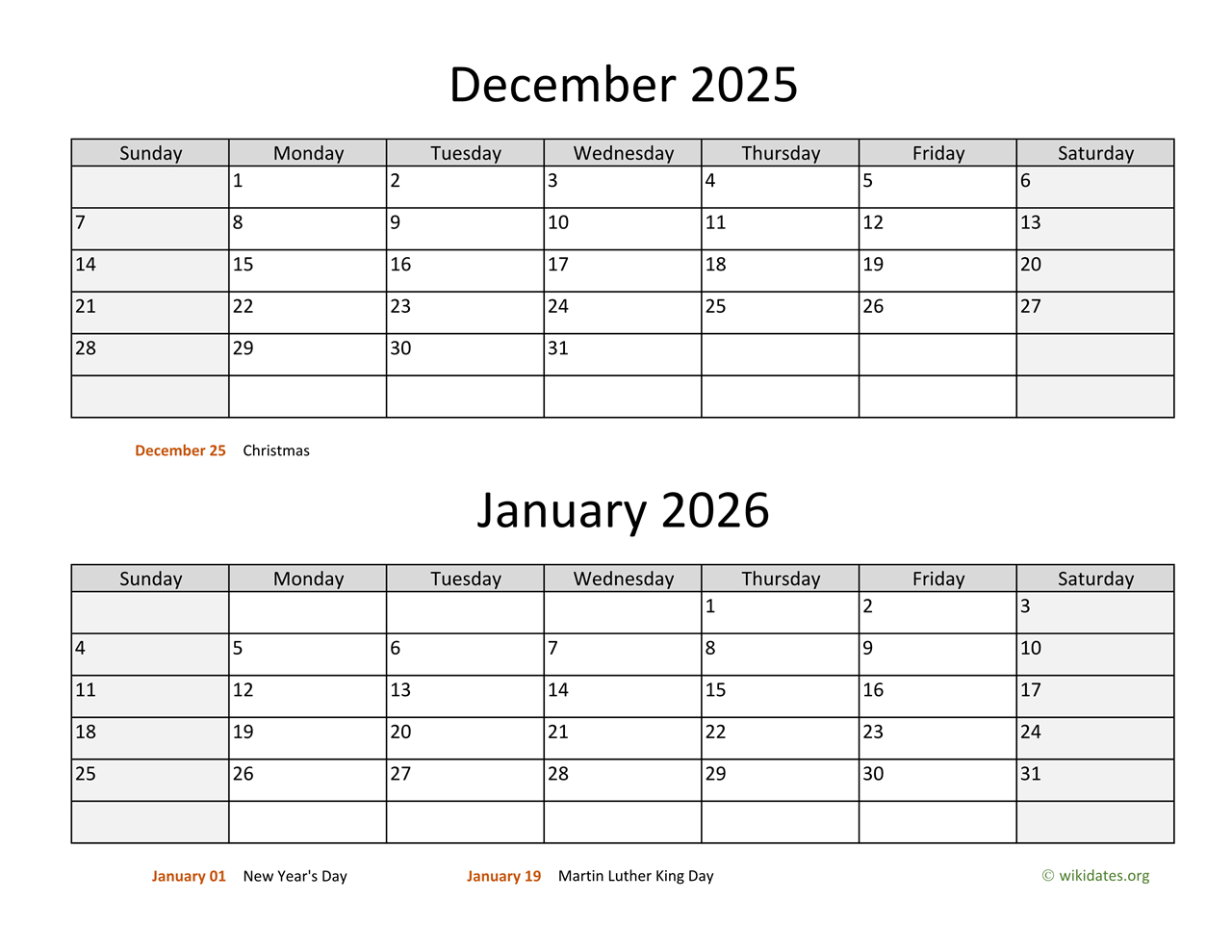 December 2025 And January 2026 Calendar | Wikidates in Printable Calendar December 2025 January 2025