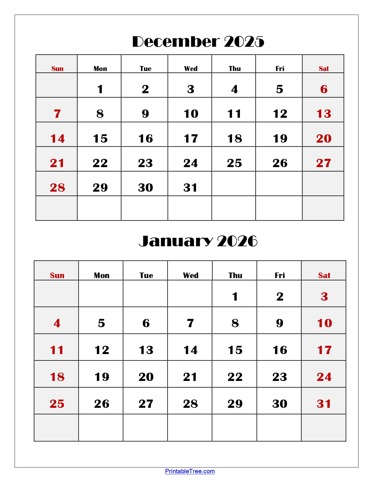 December And January 2026 Calendar Printable Pdf | Two Months Calendar inside December 2025 And January 2025 Calendar Printable