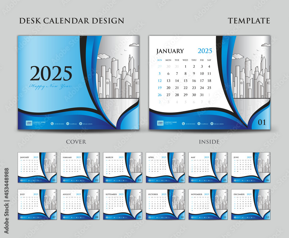 Desk Calendar 2025 Template Set, Cover Design, Blue Background within Printable Desk Calendar 2025