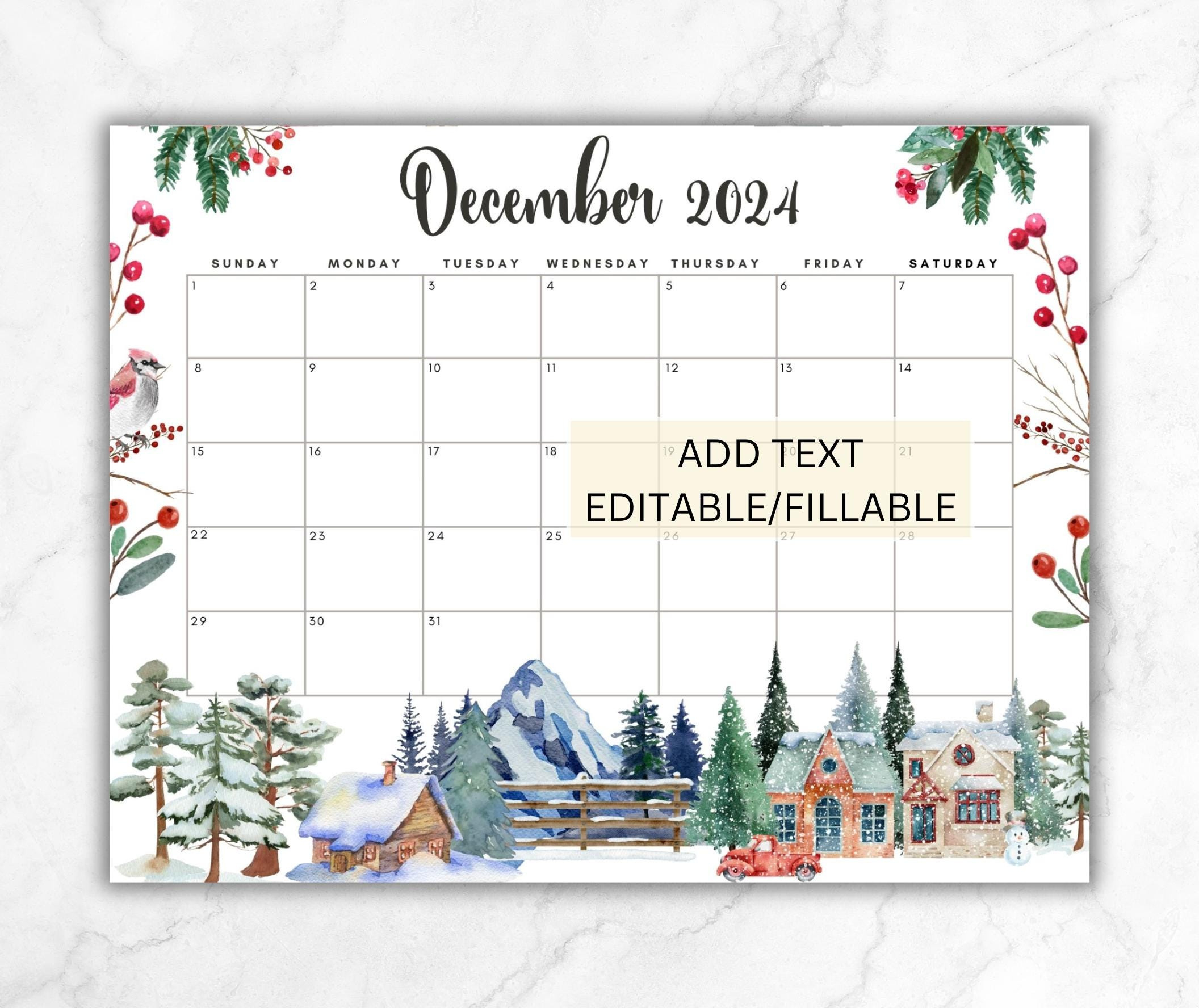 Editable December 2024 Calendar, Printable Wall Calendar 2024 Xmas pertaining to 2024 December Calendar 8.5X11 Horizontal Printable