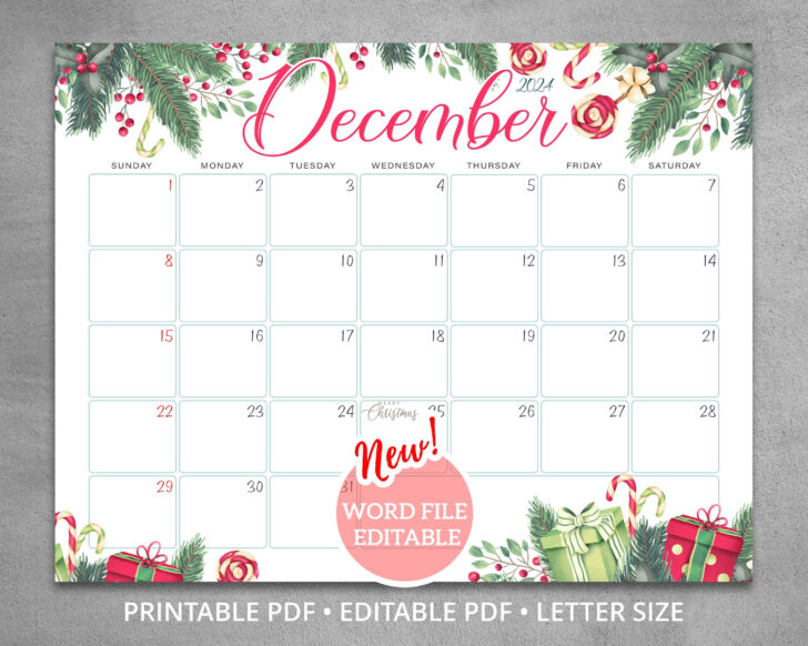 2024 December Calendar 8.5X11 Horizontal Printable