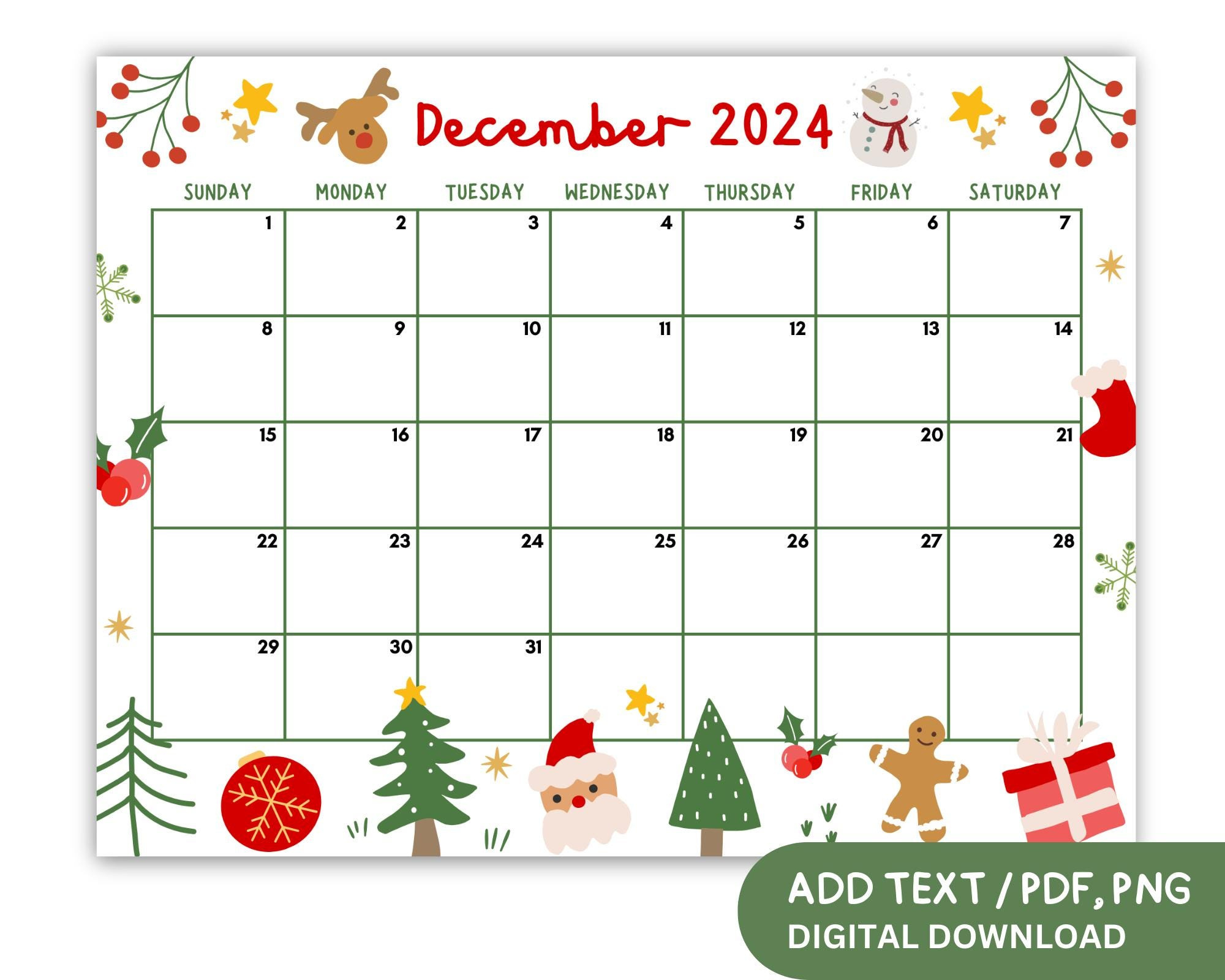 Editable December 2024 Printable Calendar, Cute Christmas Calendar in 2024 December Calendar 8.5X11 Horizontal Printable