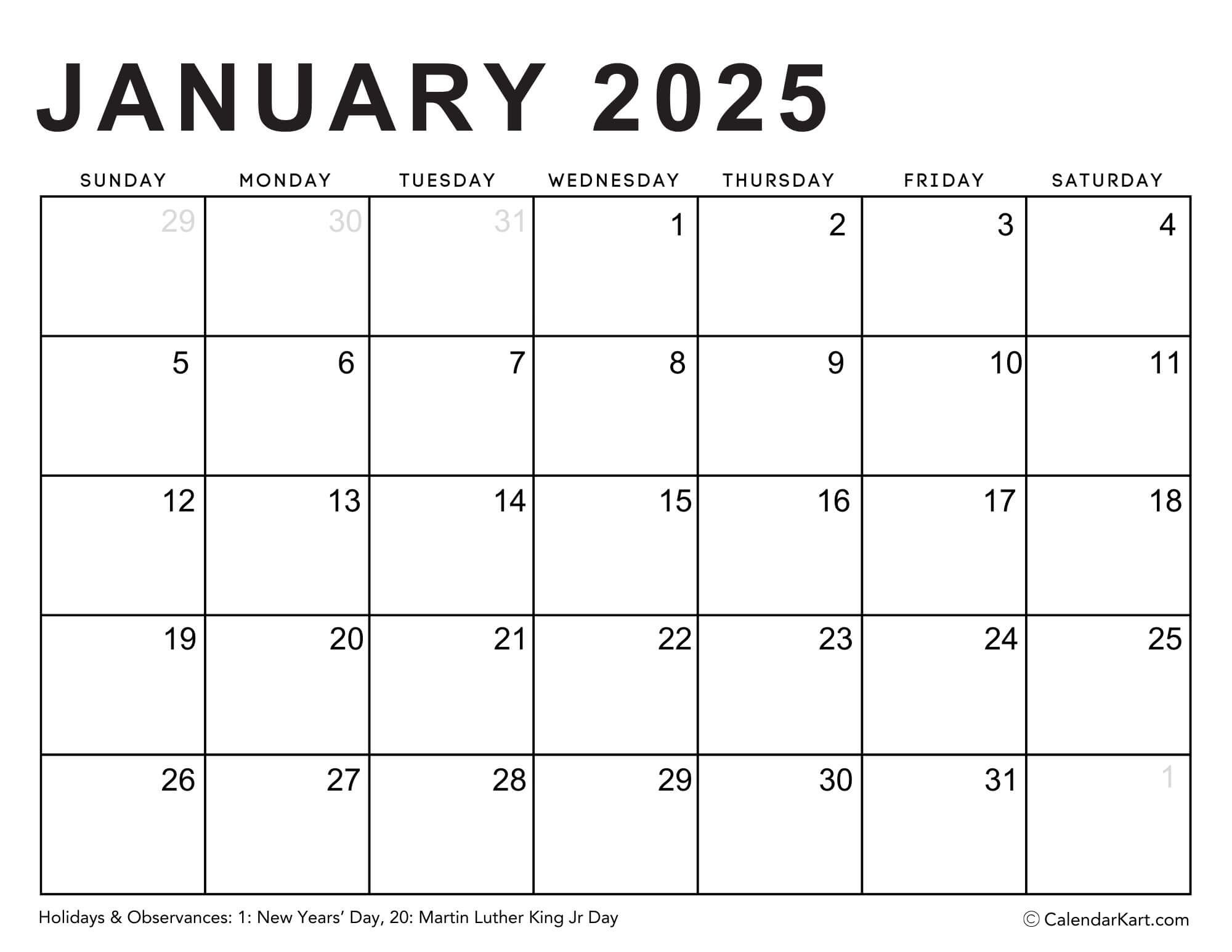 Editable Printable Calendars 2025 - Typeable Pdf - Calendarkart in January 2025 Calendar Printable Edit