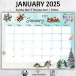 Editierbarer Kalender Januar 2025, Schöner Winter, Druckbarer Januarplaner,  Befüllbarer Kalender, Verschneites Haus Und Bäume, Monatlicher In January 2025 Printable Calendars