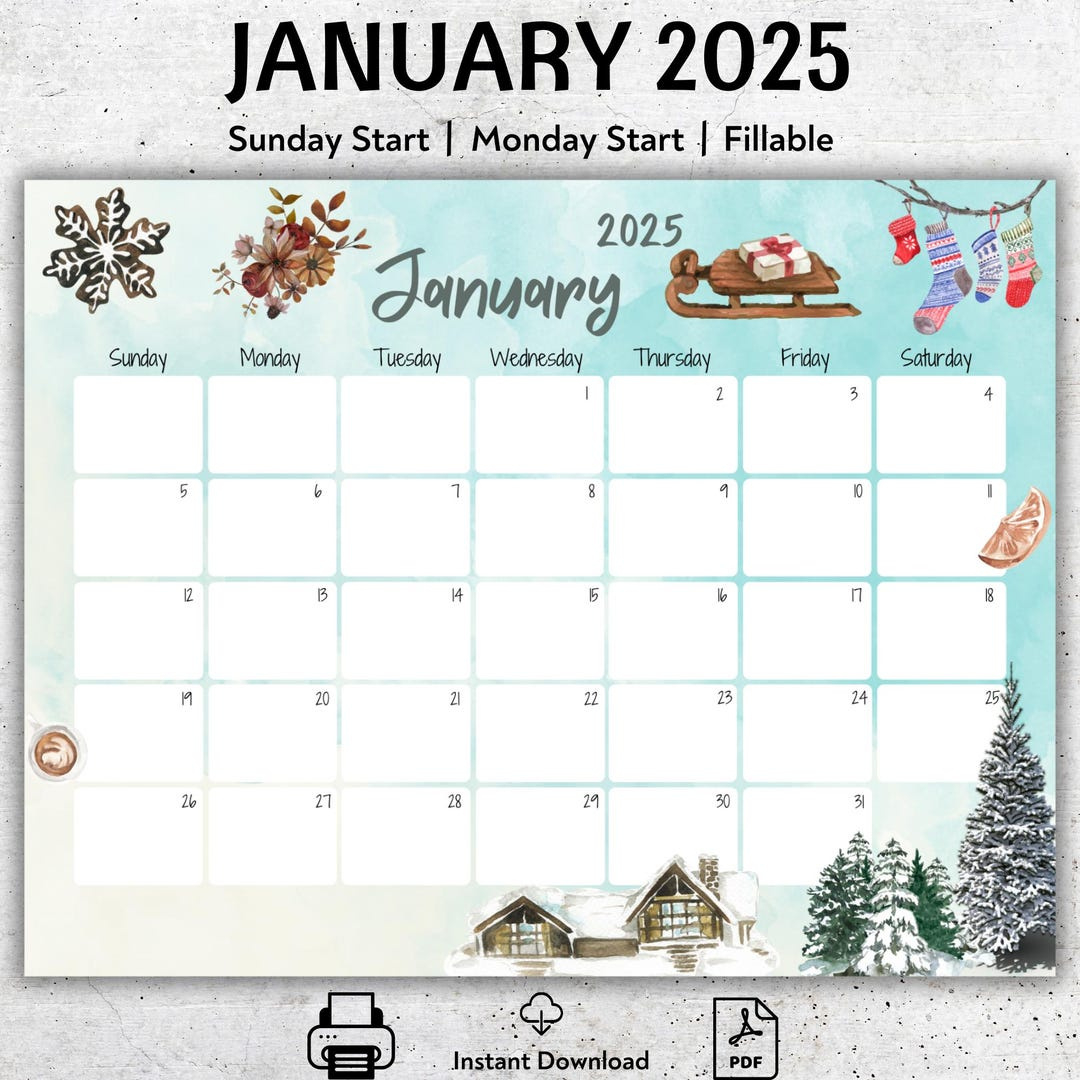 Editierbarer Kalender Januar 2025, Schöner Winter, Druckbarer Januarplaner, Befüllbarer Kalender, Verschneites Haus Und Bäume, Monatlicher in January 2025 Printable Calendars