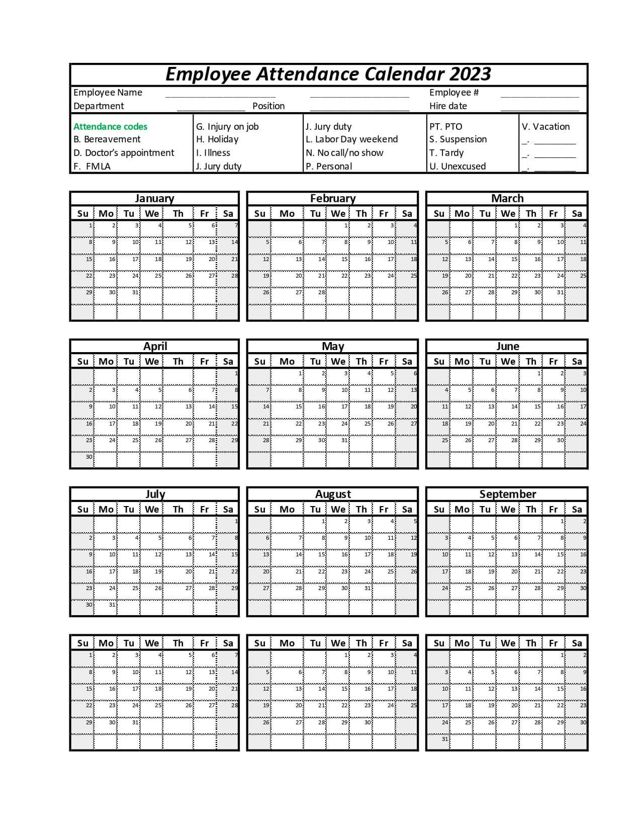 Employee Attendance Calendar inside 2025 Employee Attendance Calendar Printable Free Download