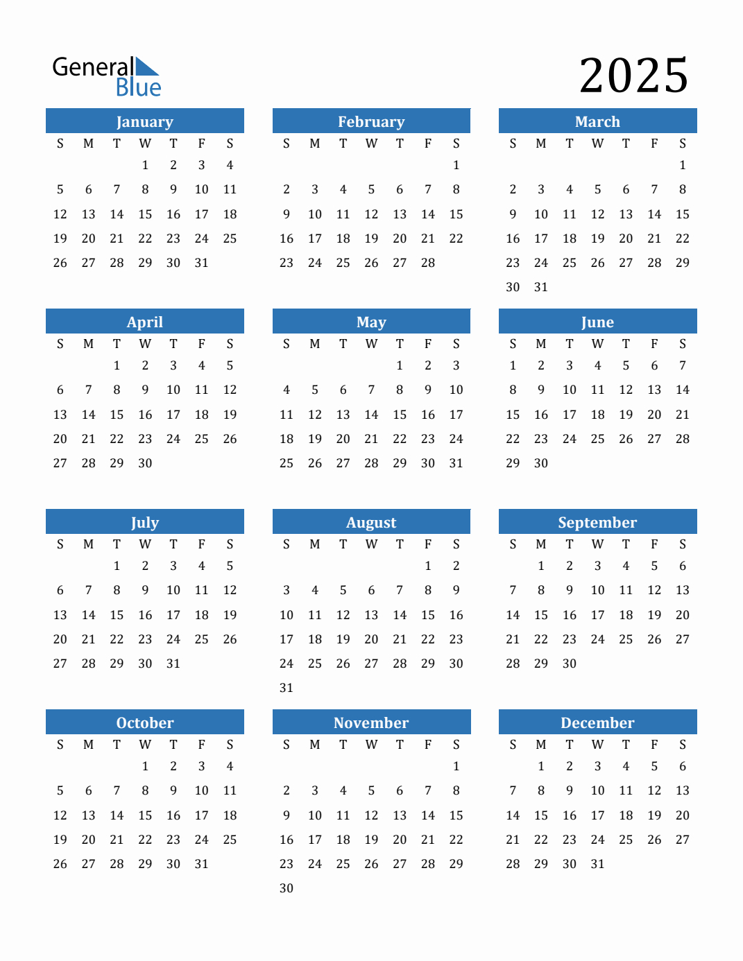 Free 2025 Calendars In Pdf, Word, Excel throughout 2025 Printable Yearly Calendar