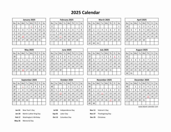 2025 Calendar Free Printable With Holidays