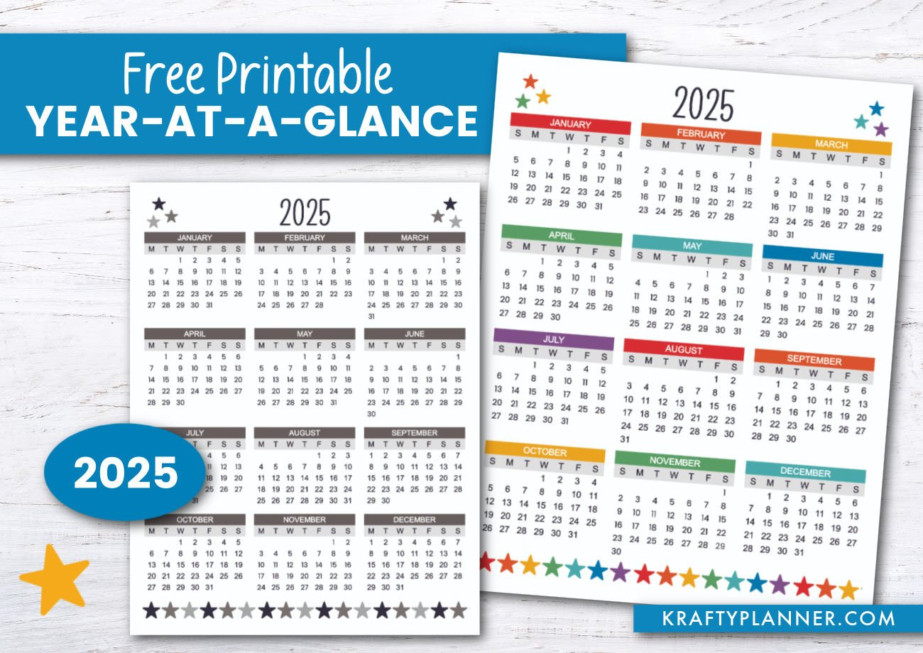 Free Printable 2025 Year-At-A-Glance — Krafty Planner within 2025 Year At A Glance Calendar Printable