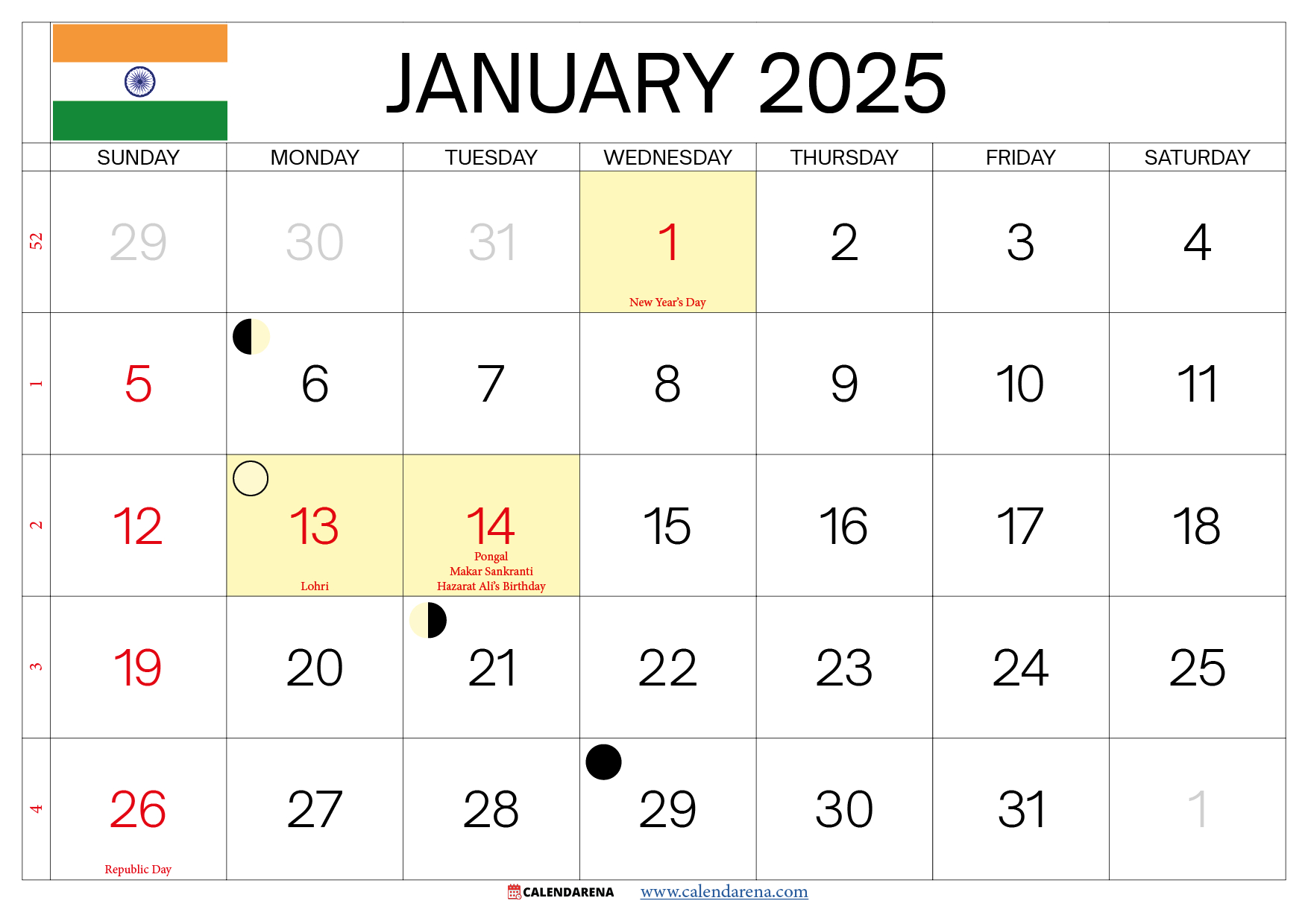 January 2025 Calendar India inside January 2025 Calendar With Indian Holidays Printable