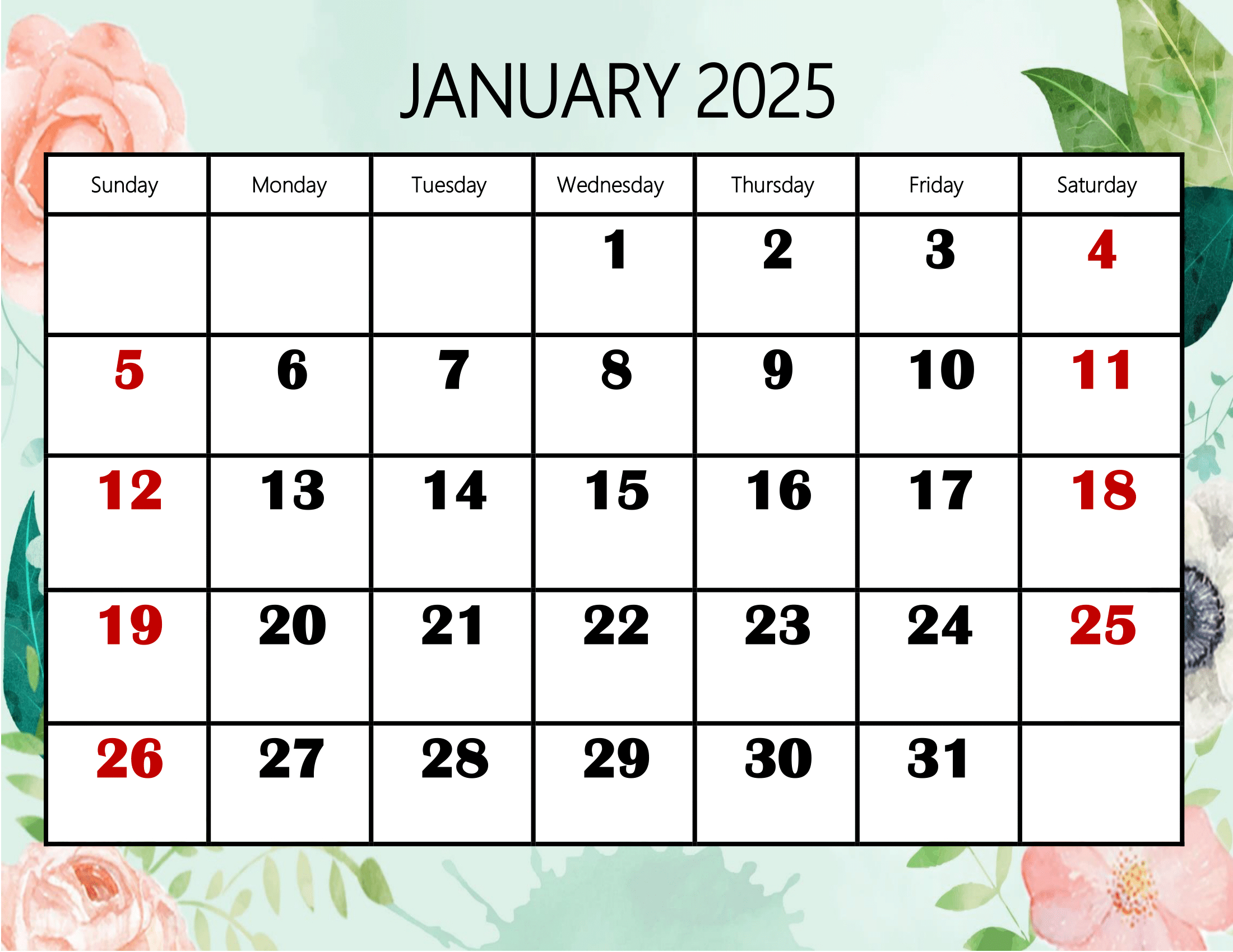 January 2025 Calendar Printable Pdf Template With Holidays for Jan 2025 Calendar With Holidays Printable