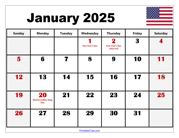 2025 January Calendar with Holidays Printable