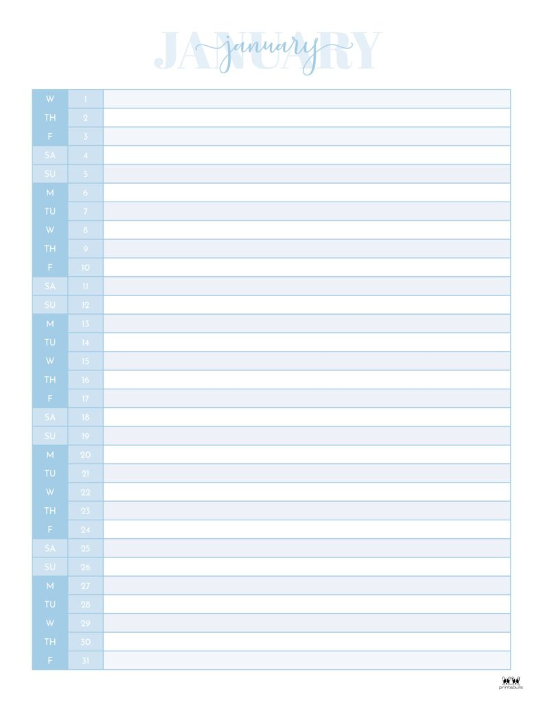 January 2025 Calendars - 107 Free Printables | Printabulls inside January 2025 Hourly Calendar Printable