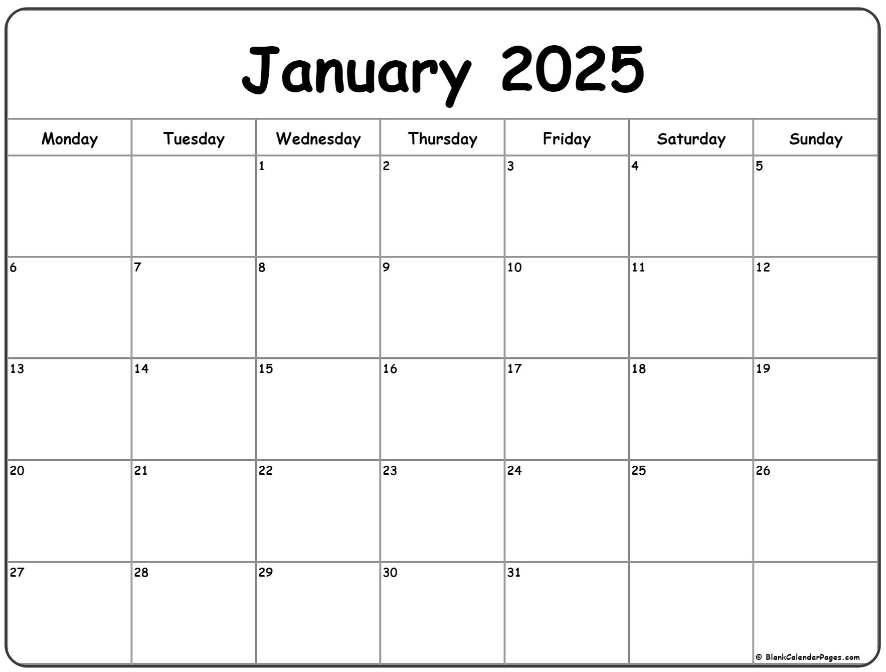 January 2025 Monday Calendar | Monday To Sunday with January 2025 Calendar Printable Monday Start