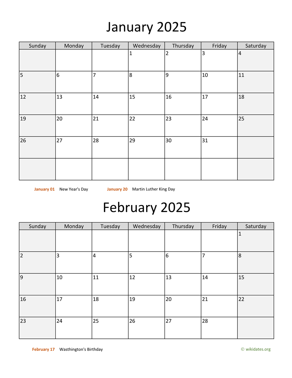 January And February 2025 Calendar | Wikidates with regard to November December 2025 January 2025 Calendar Printable