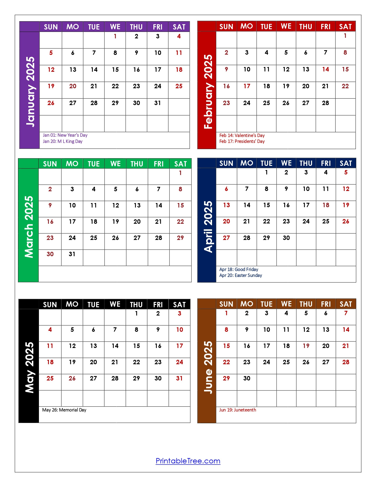 January To June 2025 Calendar Printable Pdf | Si Months Calendar for January To June 2025 Calendar Printable