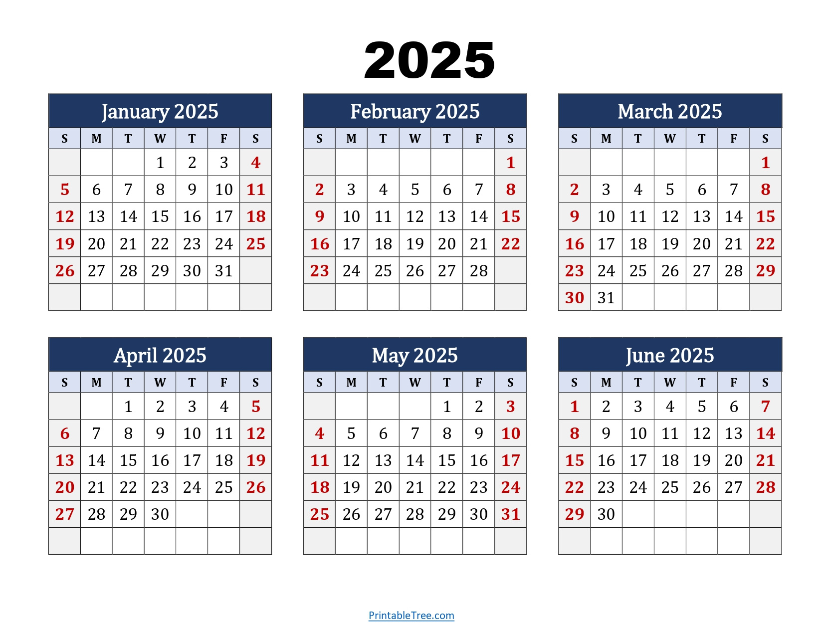 January To June 2025 Calendar Printable Pdf | Si Months Calendar in January 2025 To June 2025 Calendar Printable