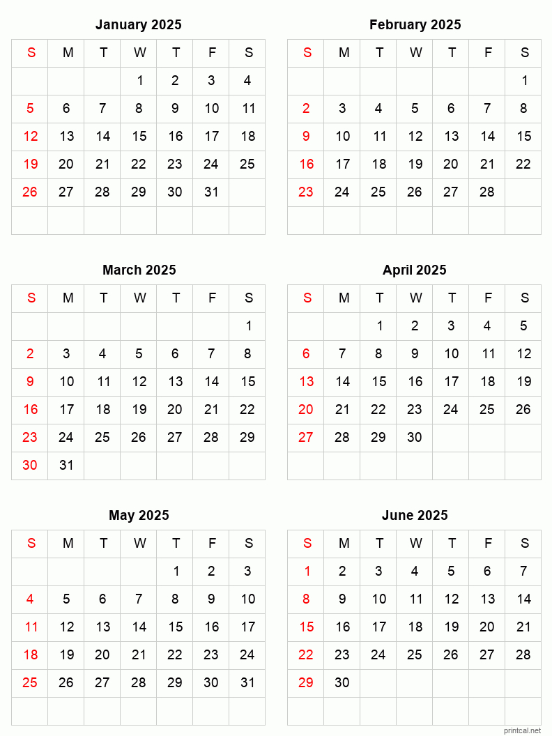 January To June 2025 Printable Calendar | Six Months Per Page intended for January To June 2025 Calendar Printable