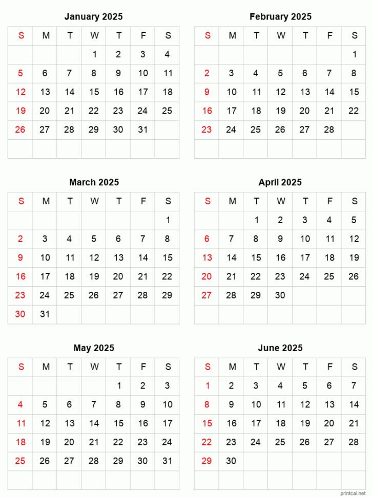 January 2025 To June 2025 Calendar Printable