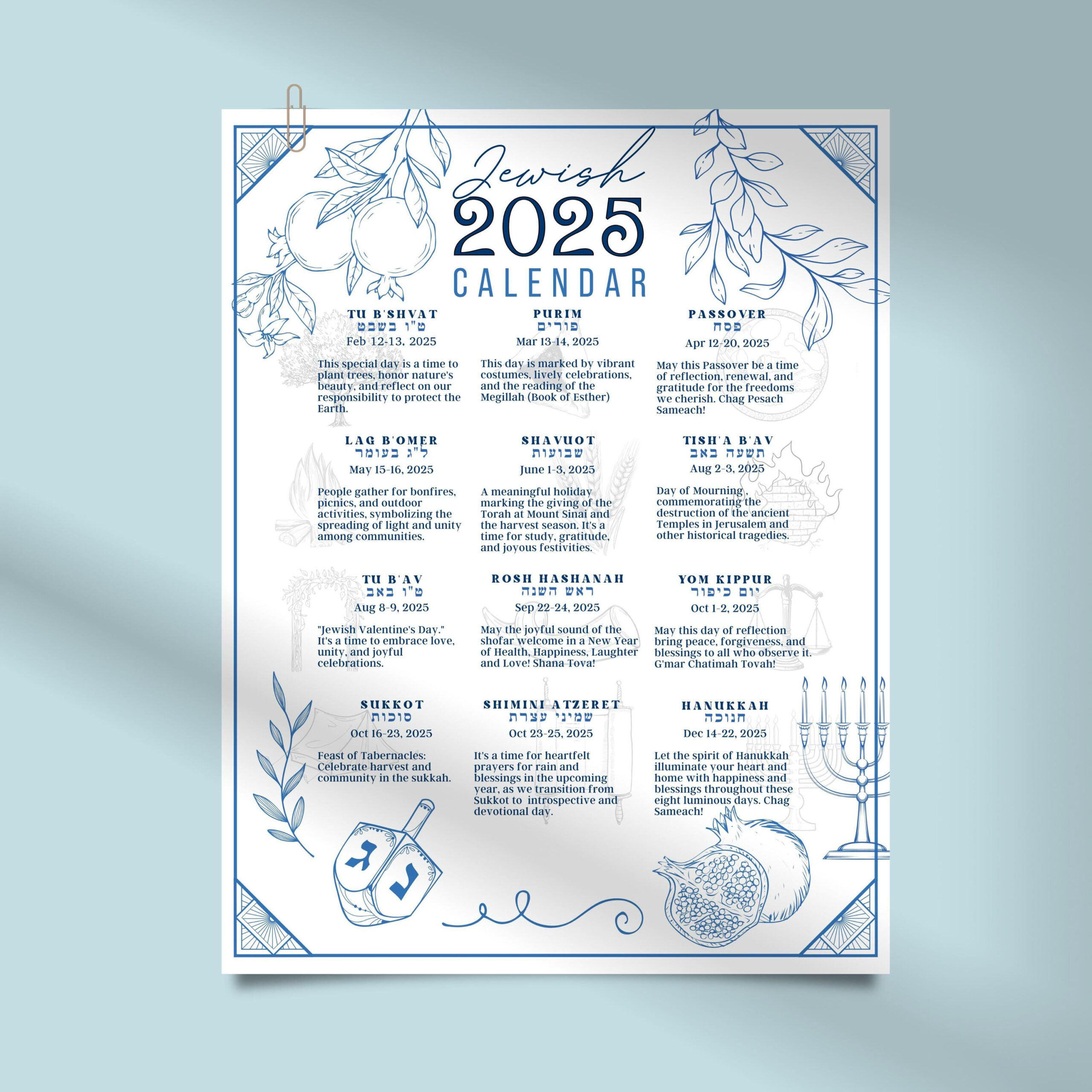 Jewish Calendar 2025 Poster Jewish Gift New Year 5785 Rosh intended for Jewish Holidays 2025 Calendar Printable