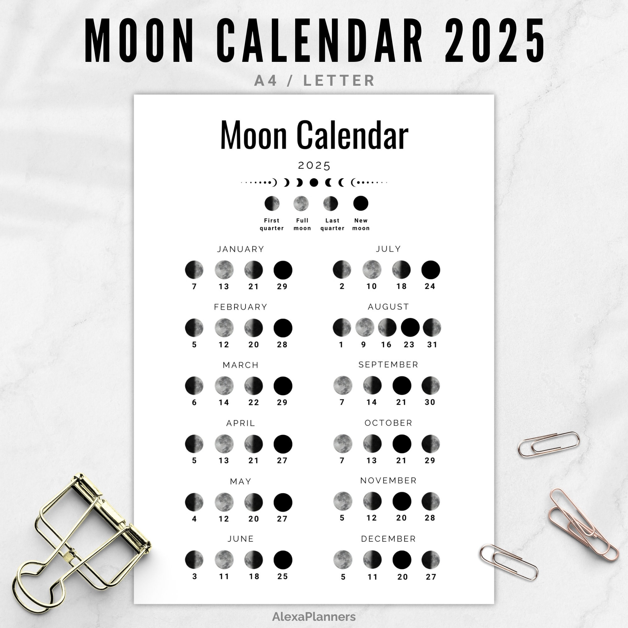 Moon Phase Calendar 2025, A4 / Letter Size Lunar Calendar - Etsy for 2025 Full Moon Calendar Printable