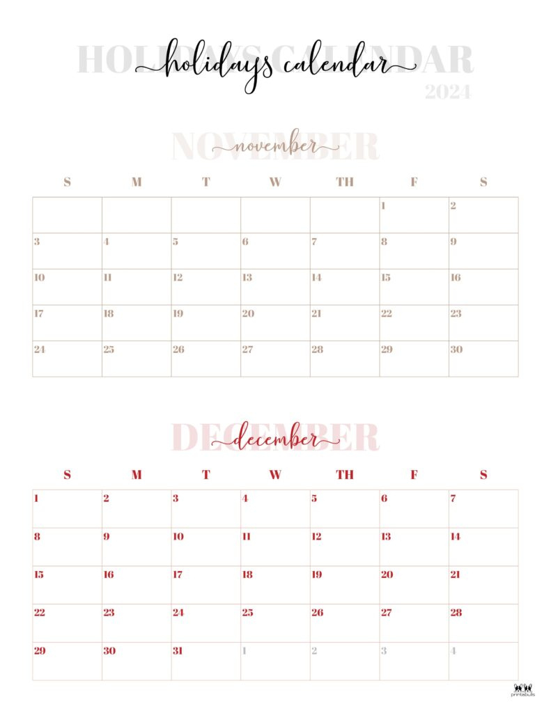 November December 2024 Calendars - 28 Printables | Printabulls inside Printable November December 2024 Calendar