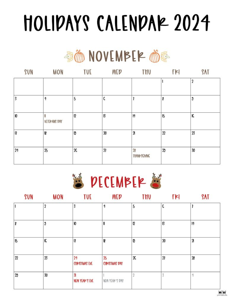 November December 2024 Calendars - 28 Printables | Printabulls with Cute Printable November And December 2024 Calendar