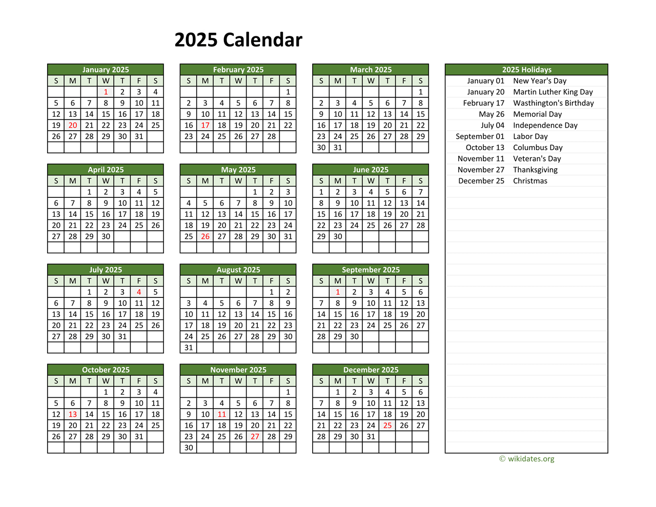 Printable 2025 Calendar With Federal Holidays | Wikidates in 2025 Calendar With Federal Holidays Printable