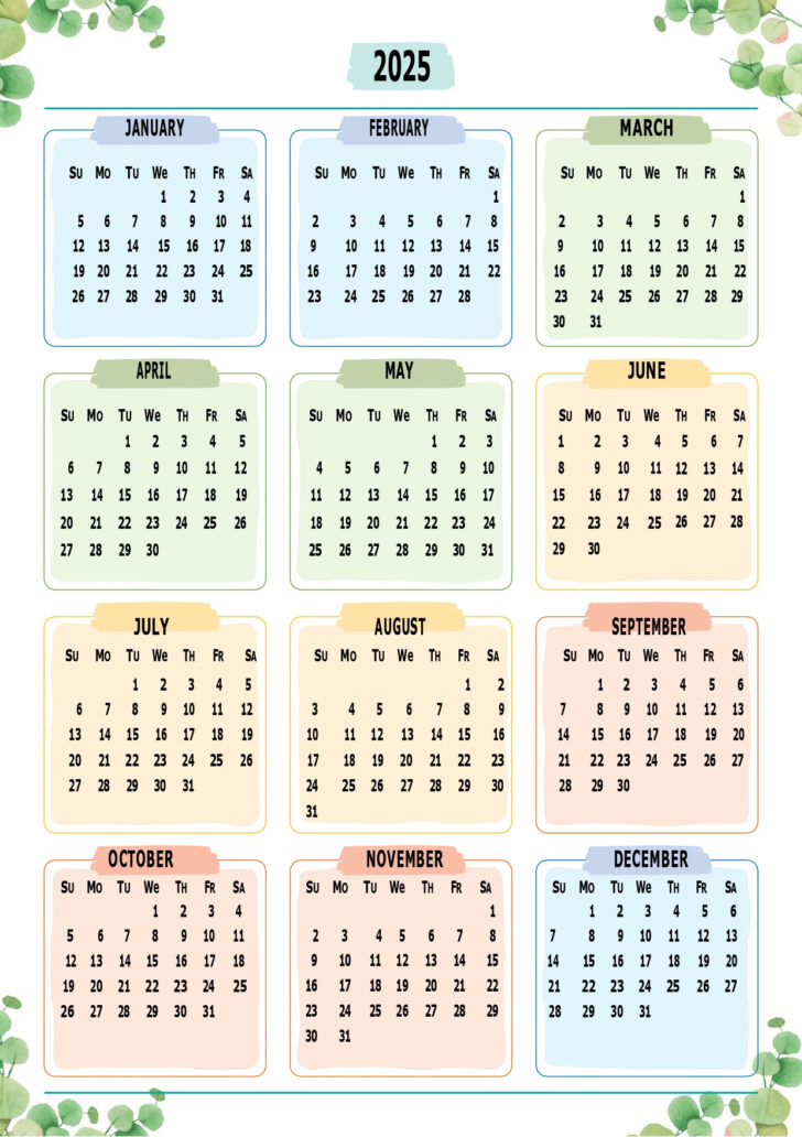 2025 12 Month Calendar On One Page Printable