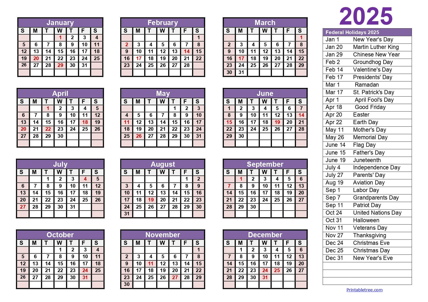 Printable Calendar 2025 One Page With Holidays (Single Page) 2025 for Free Printable 2025 Calendar With Holidays