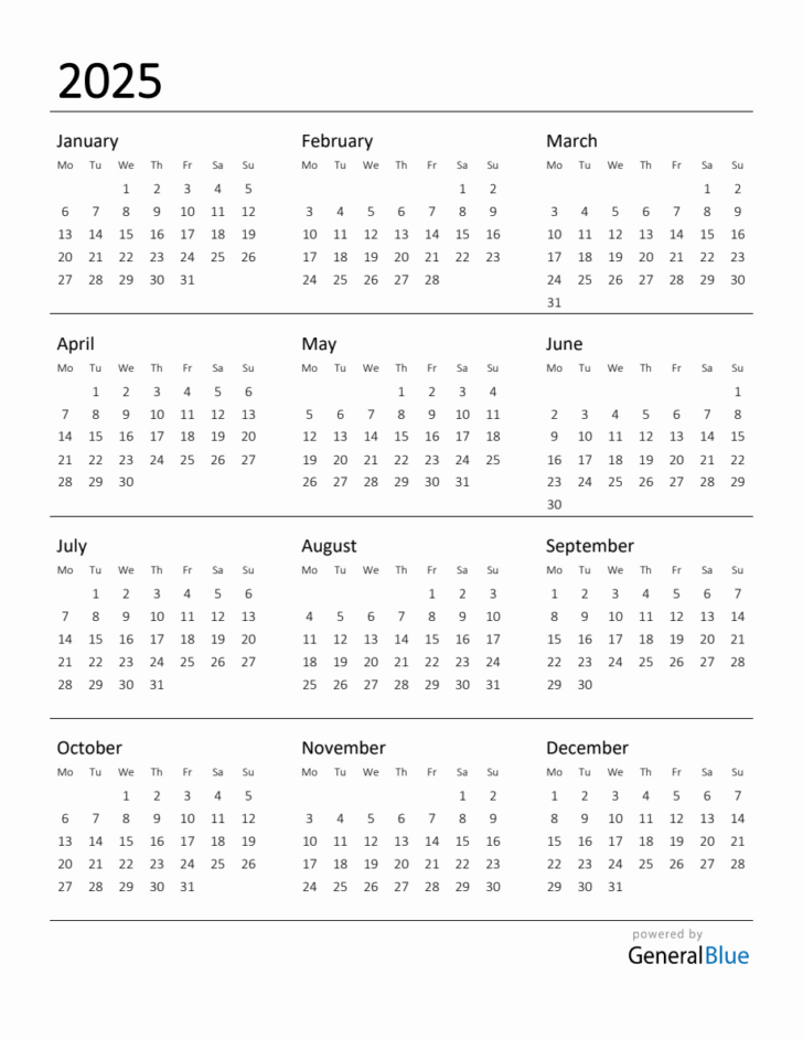 2025 Annual Calendar Printable Free