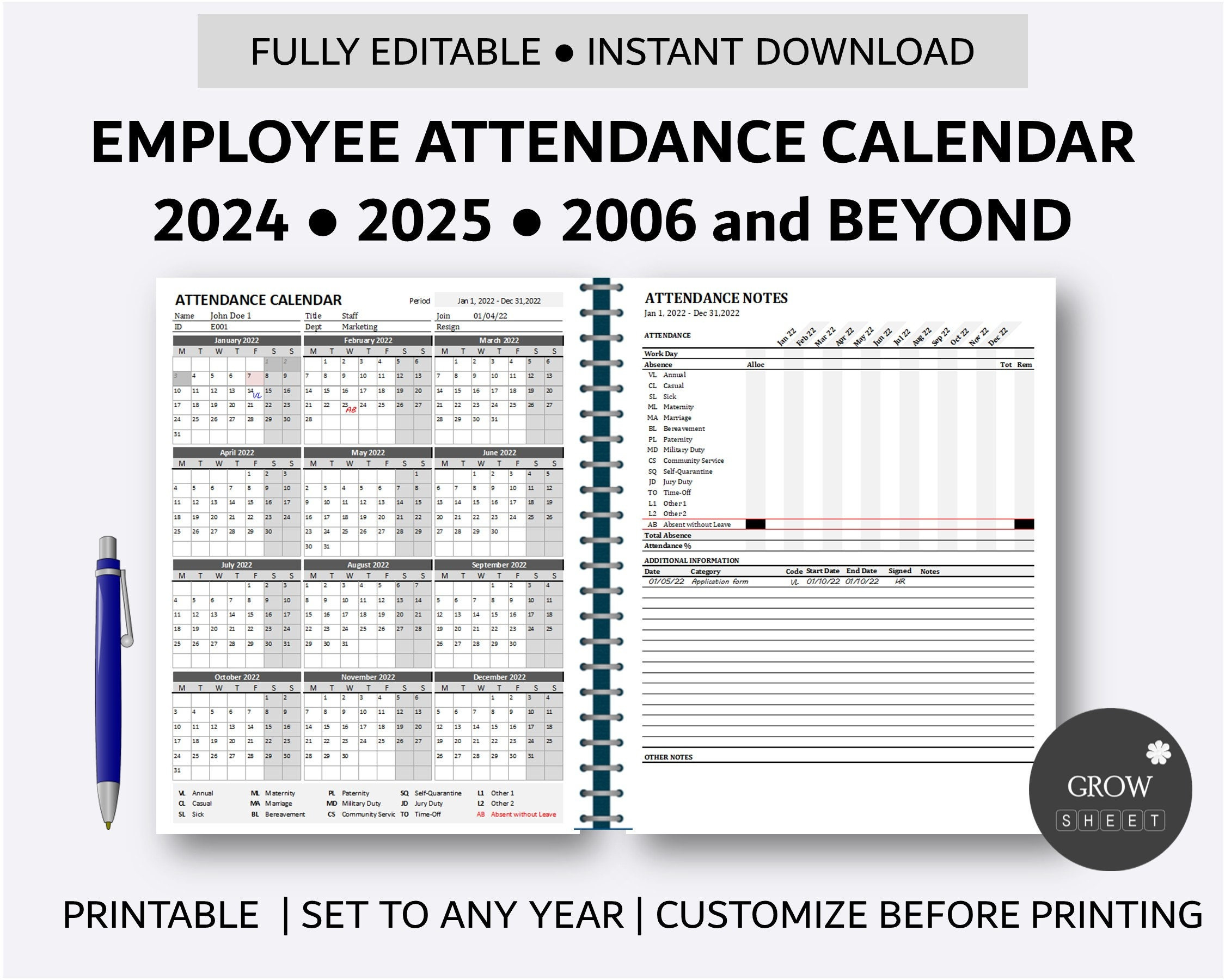 Printable Employee Attendance Calendar Custom Attendance Calendar for 2025 Attendance Calendar Template