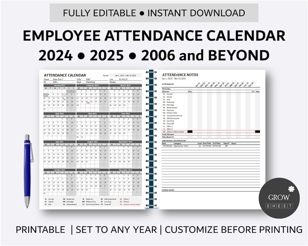 Printable Employee Attendance Calendar Custom Attendance Calendar intended for 2025 Attendance Calendar Free Printable