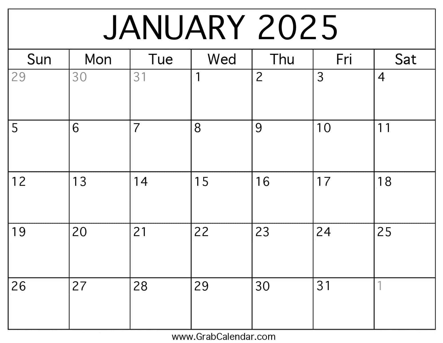 Printable January 2025 Calendar for 2025 January Printable Calendar