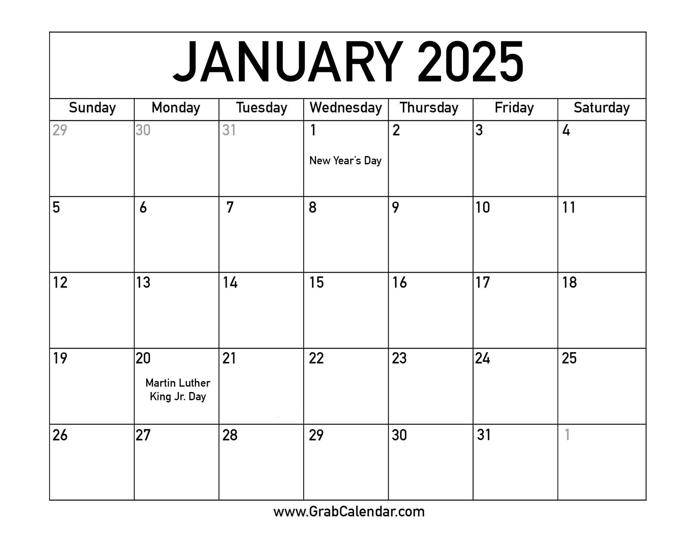 Printable January 2025 Calendar for January 2025 Printable Calendar With Holidays