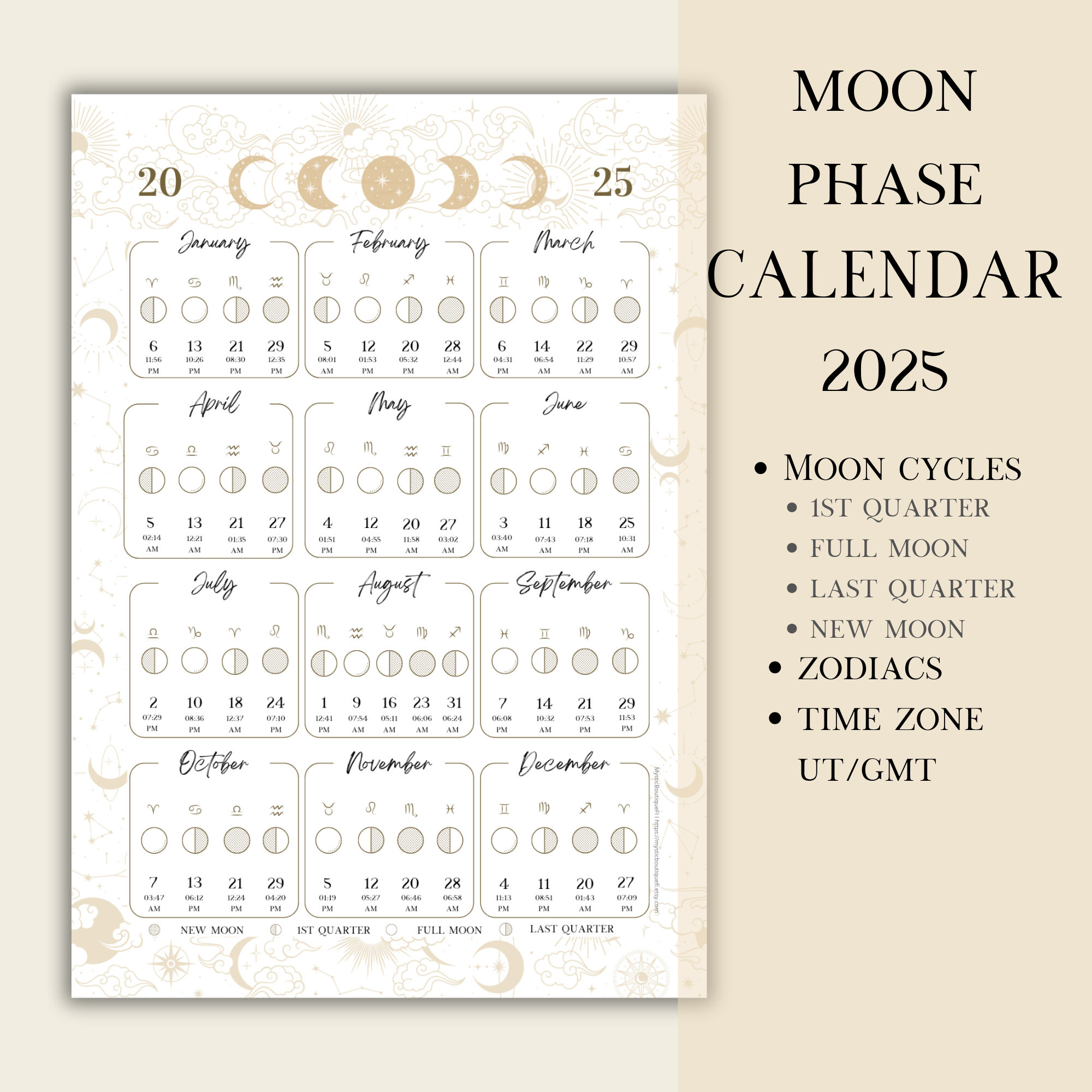 Printable Pdf Lunar Calendar, Moon Phase Calendar 2025 - Etsy with 2025 Full Moon Calendar Printable