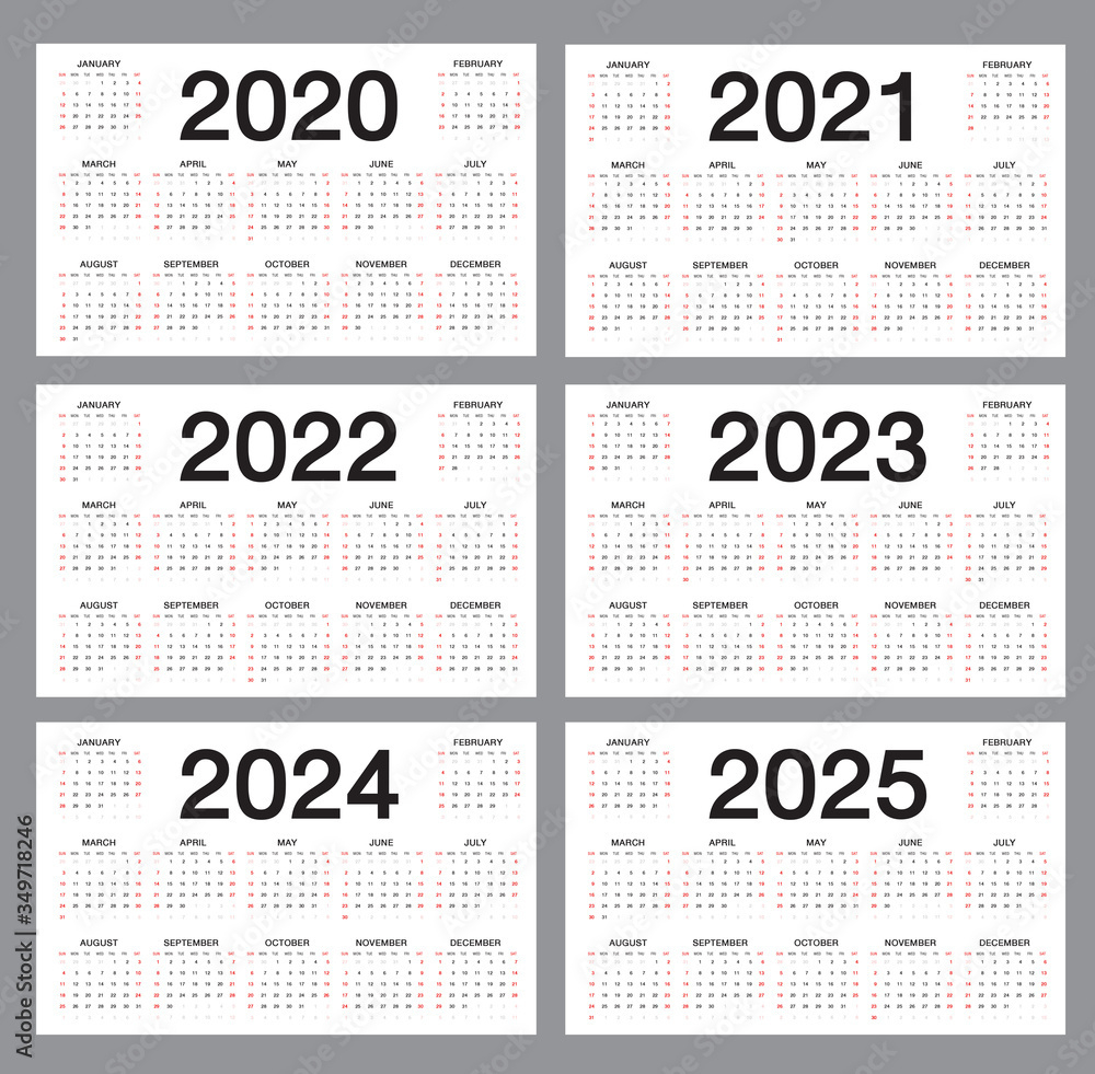 Simple Calendar Template For 2020, 2021, 2022, 2023, 2024, 2025 regarding 5 Year Calendar 2021 To 2025 Printable