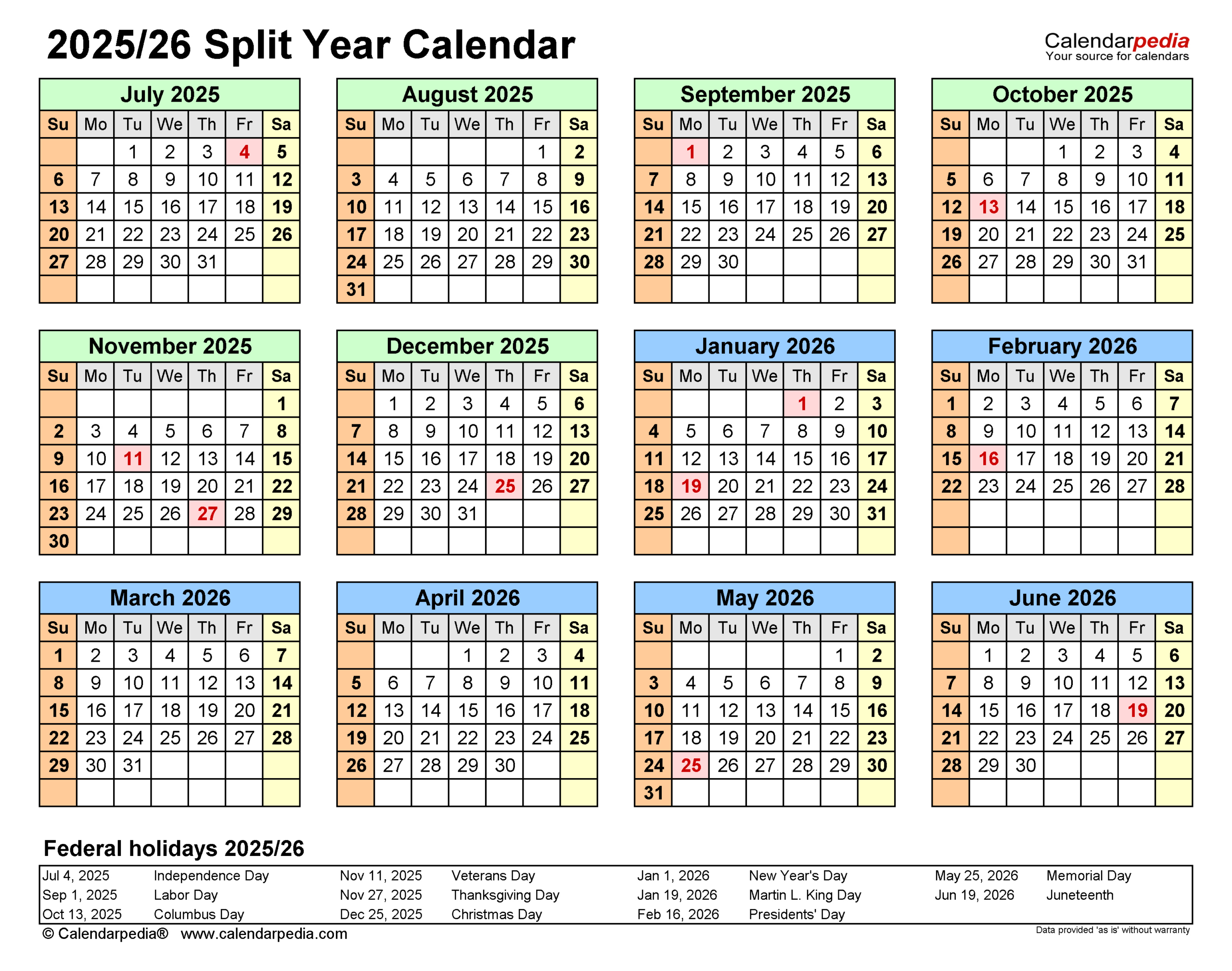 Split Year Calendars 2025/2026 (July To June) - Pdf Templates pertaining to 2025 And 2026 Calendar With Holidays Printable Free