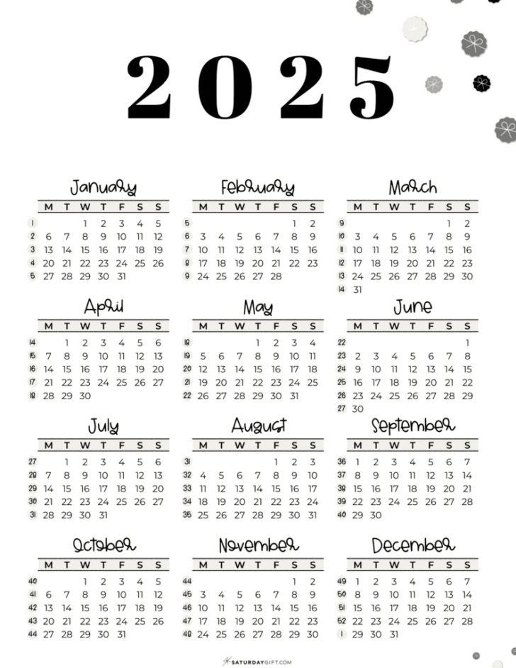 12 Month 2025 Calendar Printable With Week Numbers