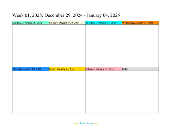 Weekly January 2025 Calendar Printable